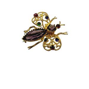 Vintage Czech Filigree Jeweled Bug Brooch (A429)